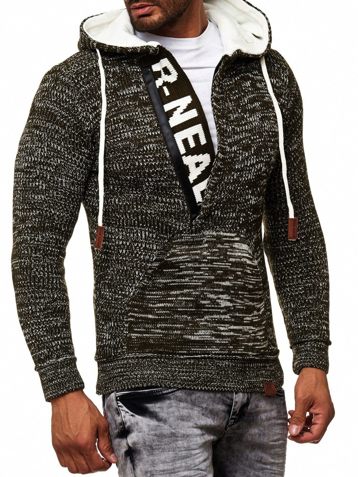 Rusty Neal men's knitted sweater hooded sweatshirt khaki